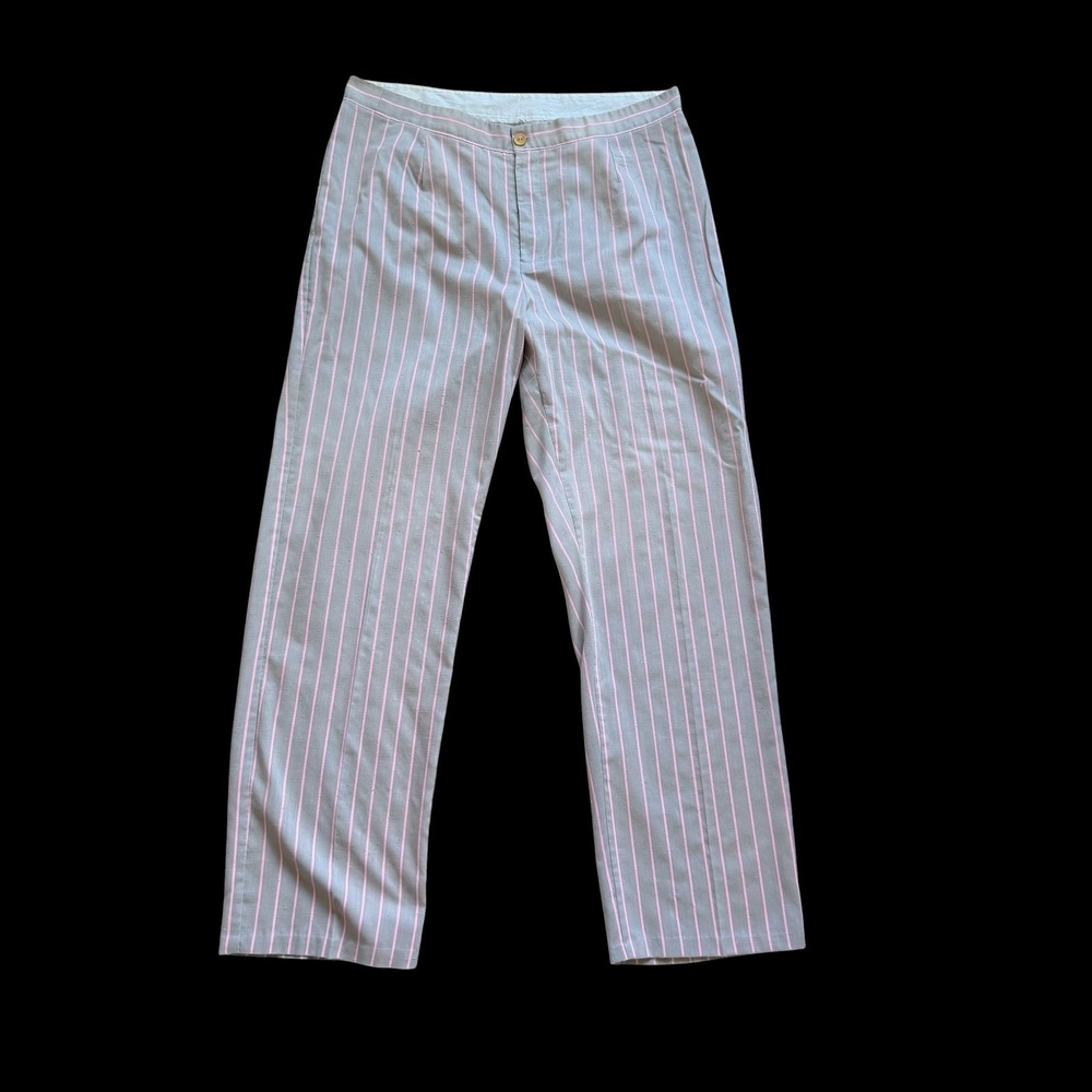 80's Grey Pink Pinstripes Straight Leg Trousers Sheer Textured Dress Pants